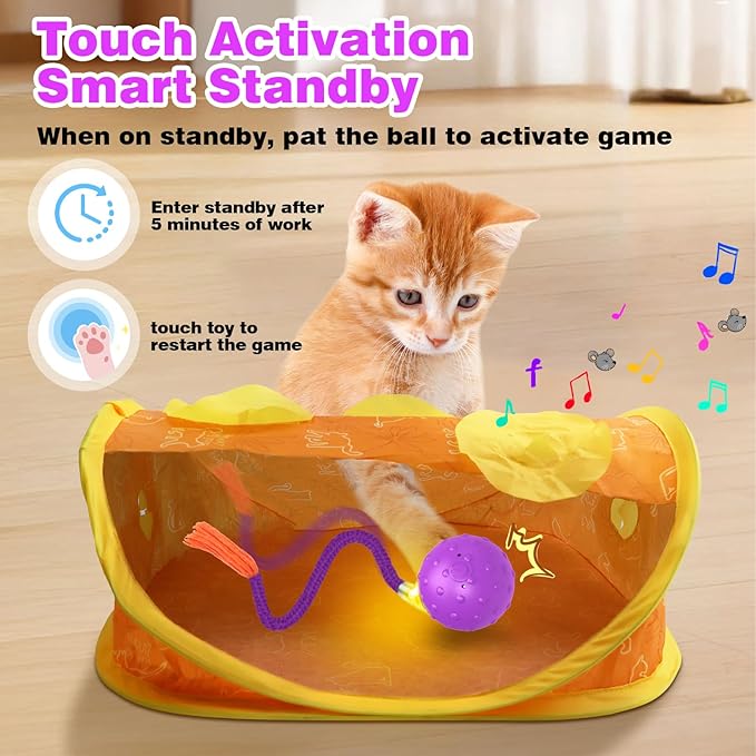 Interactive Cat Toys Mouse Ball, Motion Activated Cat Ball Super Fast in Mice Holes Cat Tent Tunnel