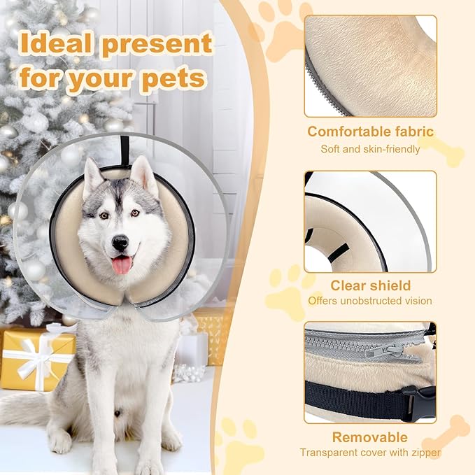 Dog Cone Collar with Enhanced Anti-Licking, Inflatable Dog Cone After Surgery, Adjustable Size with Soft Padding for Small Medium Large Dogs - Pale Yellow/M+