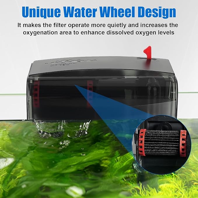 AQQA Aquarium Filter 10-30 Gallon Fish Tank Filters with Bio-Wheel Power, Hang on Back Aquarium Filter, Adjustable Flow Hob Filter, Quiet Efficient and Silent Operation (8W 110 GPH)