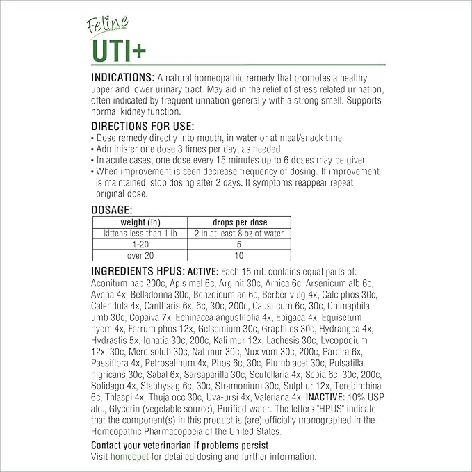 HomeoPet Feline UTI Plus, Safe and Natural Urinary Tract Medicine for Cats, Feline Urinary Tract Support, 15 Milliliters - Pack of 2