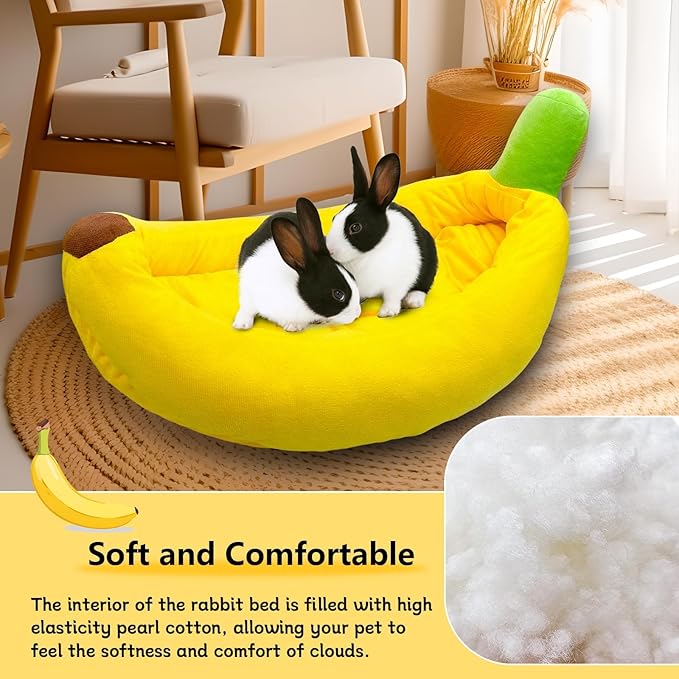 Rabbit Bed,Bunny Bed,Thick&Soft with Removable Mat,Machine Washable Guinea Pig Cushion,Cozy Rabbi Plush House,Warm Small Animal Sleeping Beds(Yellow Banana Shape-L)