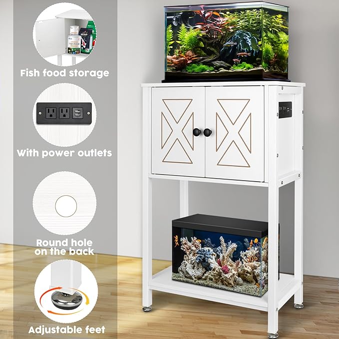 5-10 Gallon Fish Tank Stand, Heavy Duty Aquarium Stand with Cabinet & Power Outlets for Fish Tank Accessories Storage, Double Reptile Terrarium Stand 20.5" L* 11" W Tabletop, White
