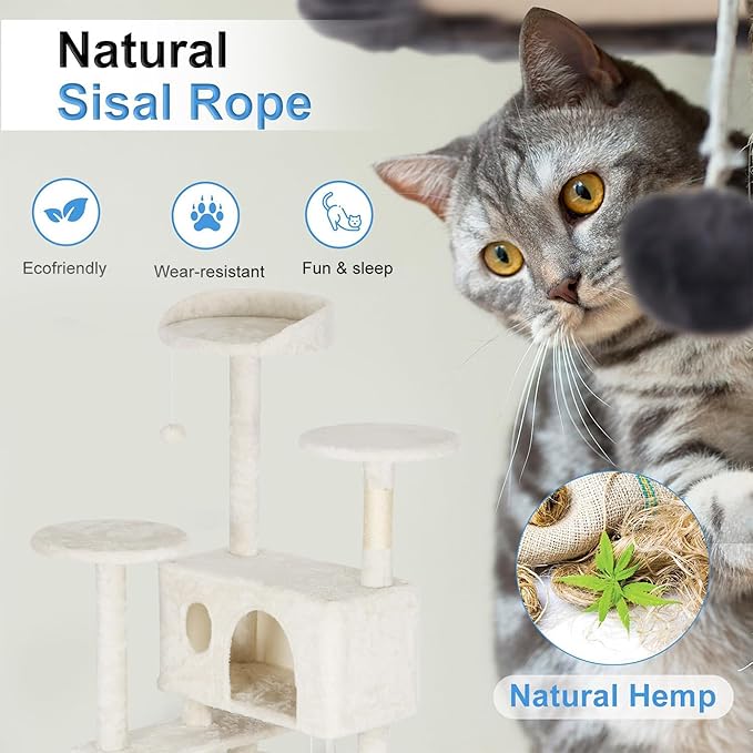FDW Cat Tree Tower 81in Multi-Level Durable Cat Scratching Post & Cozy Fun Jumping Platform Space Saving Condo Pet Play House for Indoor Cats,Beige