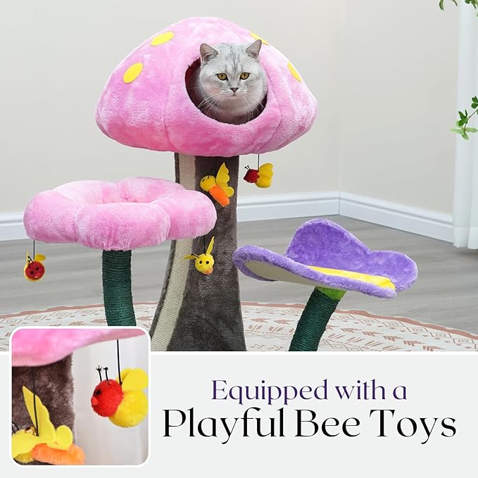Catry® Wonderland 3-Level 31" Cat Tree with Mushroom Condo, Flower Perch, Sisal Scratching Pad, Parts Replaceable, Garden Style with Bee Toys. Multi- Color