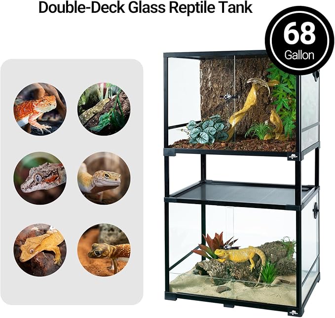 Double Stacked Reptile Tank, 24" x 18" x 44" Tall Reptiles Terrarium, Front Opening, Full Vision, Knock Down, 2 Pack 34 Gallon Glass Cage for Reptile, Bearded Dragon, Lizard, Snake, Gecko