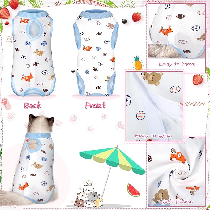 Nuanchu 3 Pieces Cat Recovery Suit Kitten Recovery Suit E-Collar Alternative for Cats and Dogs Abdominal Skin Anti Licking Pajama Clothes Sets(Strawberry Pattern,Small)