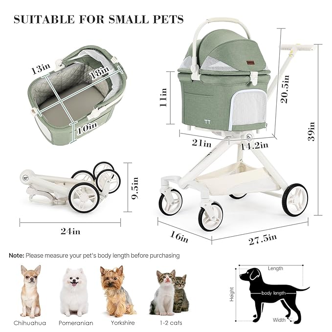 TT Lightweight Pet Stroller for Small Dog&Cat,One-Hand-Fold Pet Travel Stroller with Canopy and Cup Holder, 4-Way Convertible Carrier.Green