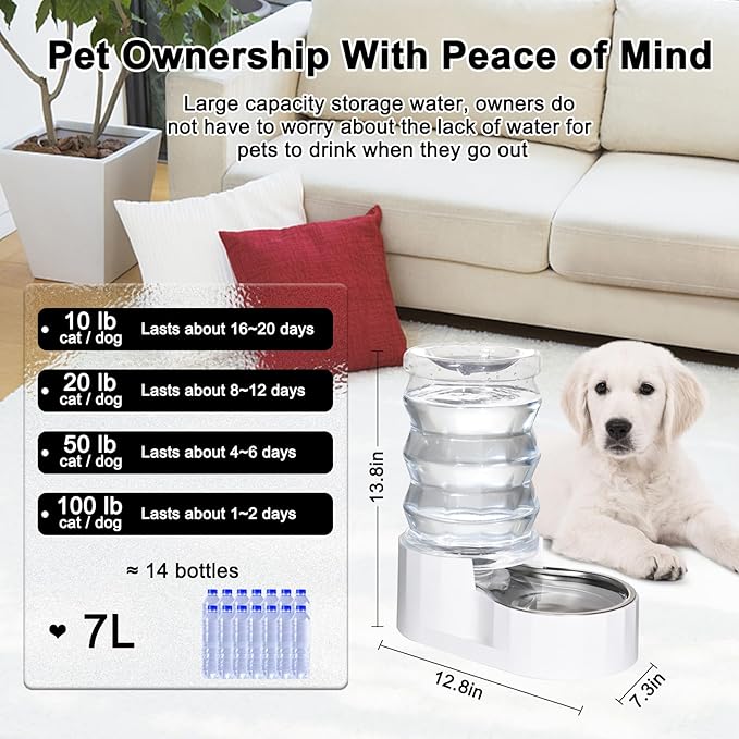 RIZZARI Automatic 7L Pet Waterer,Gravity Stainless Steel Water Dispenser, 100% BPA-Free, Large Capacity Water Feeder for Cats and Medium and Large-Sized Dogs (White,7L)