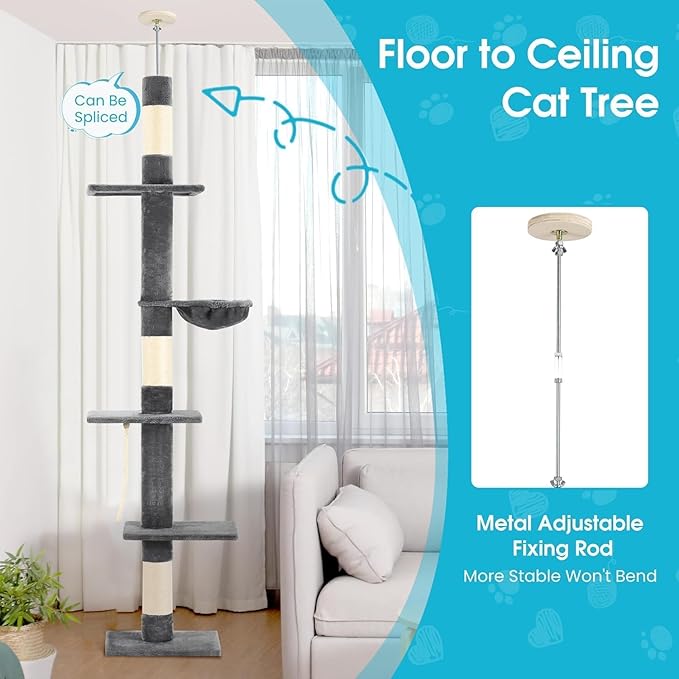 Cat Tree 5-Tier Floor to Ceiling, 89-109 Inch Adjustable Height Cat Tower with Cozy Hammock, Cat Climbing Tree for Indoor Cats, Darkgrey