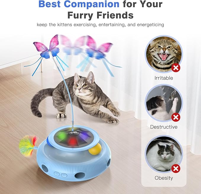 Automatic Interactive Cat Toys for Indoor Cats & Bored Adults - Kitten Toys with Fluttering Butterfly, Ambush Feather & Track Balls - Exercise & Stimulation for Playful Cats (Sky Blue)
