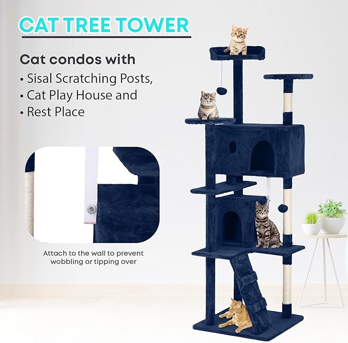 FDW Cat Tree 70in Cat Tower Multi-Level Durable Cat Scratching Post & Cozy Fun Cat Jumping Platform Space Saving Cat Condo Pet Play House for Indoor Cats,Navy Blue