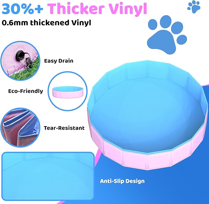 2025 Updated Foldable Dog Pool, 47" x 12" Kiddie Pool with Hard Plastic, Non-Slip Dog Bath Tub for Outdoor Backyard, Collapsible Dog Swimming Pool for Kids Dogs Pets (Pink)