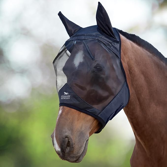 Harrison Howard CareMaster Horse Fly Mask Half Face with Ears Black Small Pony