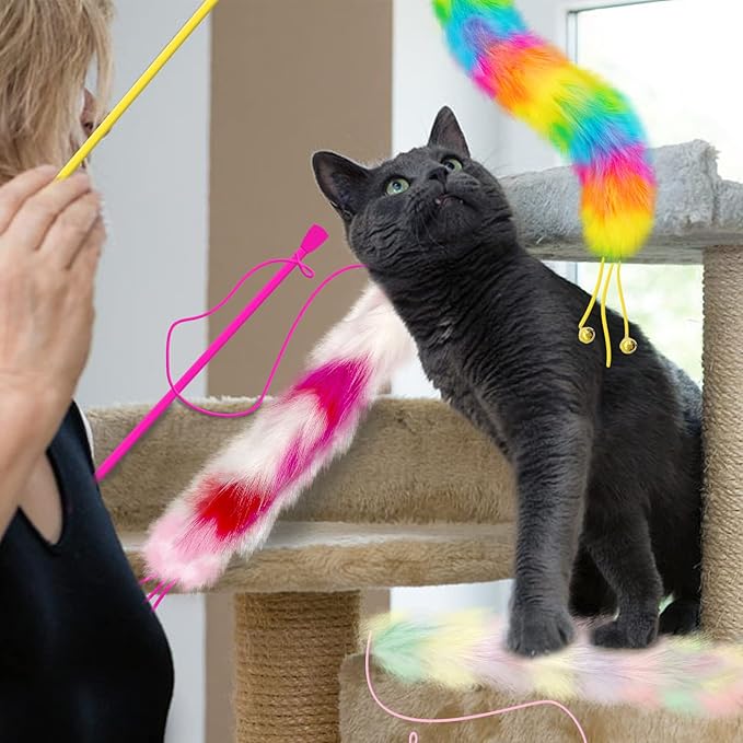 3 Pack Cat Wand Toy, Rainbow Cat Feather Toys with Bells, Teaser Wand with Soft Furry Tail, Interactive Toys for Indoor Cats & Kitten & Kitty