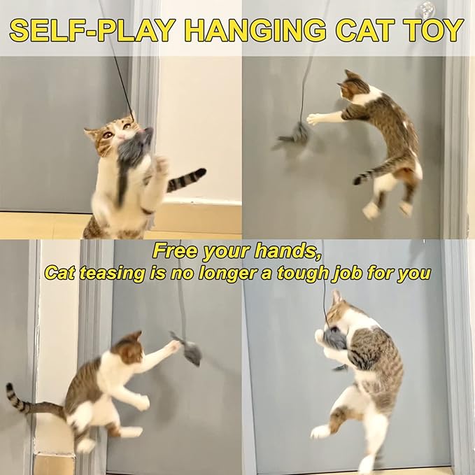 Hanging Cat Toy - 2PCS Interactive Cat Feather Toys for Mental Physical Stimulation, Retractable Teaser Kitten Toys for Indoor Cats Play Chase Exercise, Boredom Buster with Mouse