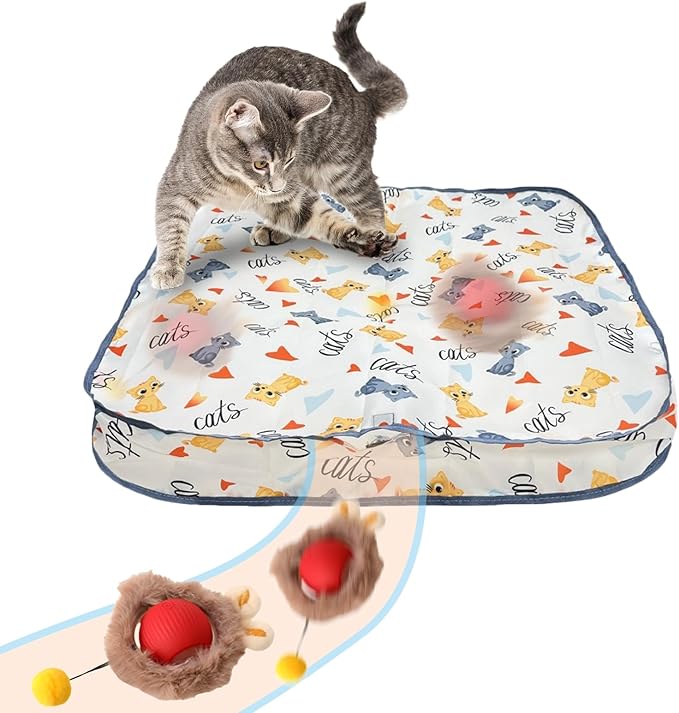 Rocfish Interactive Cat Toys Ball - Automatic Fast Rolling Ball in Play Mat, Hide and Seek Mouse Catching Game, Low-Noise Cat Enrichment Toys in Pouch for Indoor Bored Cats (Red Toy & Square Mat)