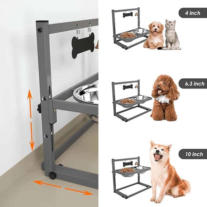 SHAINFUN Elevated Dog Bowls - Raised Stand with 2 Stainless Steel Bowls, Adjustable Height Feeder for Small and Medium Dogs, Puppies, Cats - Grey