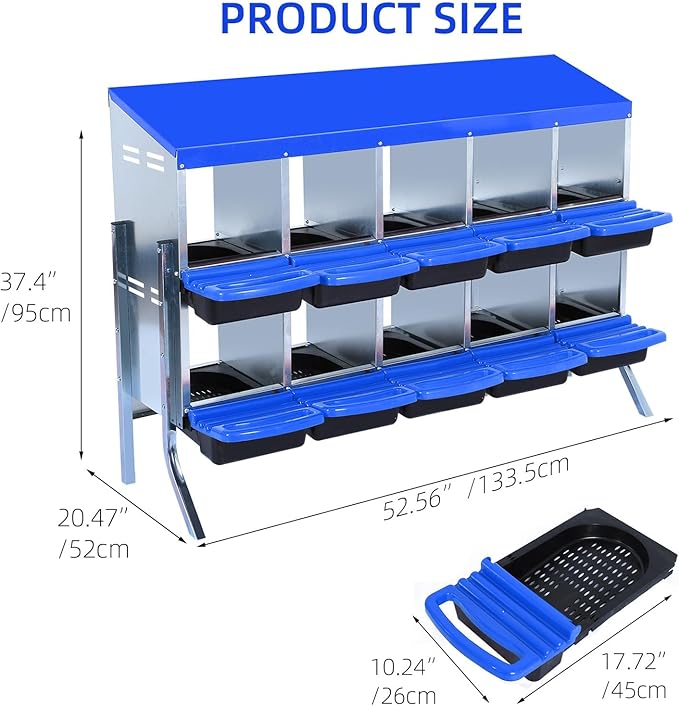 Chicken Nesting Boxes, 10 Hole Metal Chicken Laying Box with with Removable Trays and Roll Out Egg Collection for Chicken Coop, with Metal Bracket, Blue