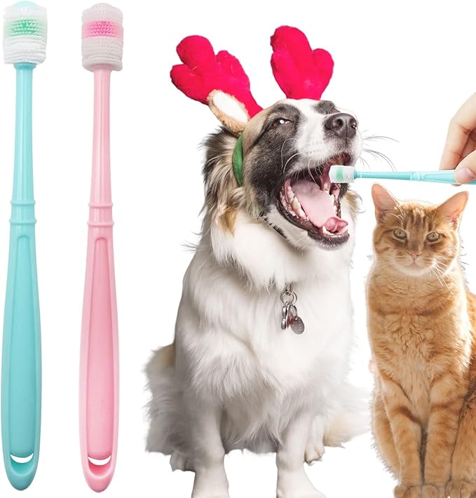 BLMHTWO 2 Pieces Cat Toothbrush, Dog Toothbrush 360-Degree Dog Toothbrushs Small with Independent Transparent Packaging Box and PP Handle Silicone Toothbrushs for Small Dogs (Green and Pink)