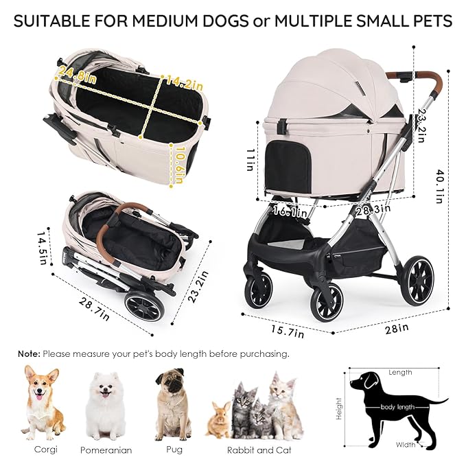 T5 Luxury Pet Stroller for Medium Dog Under 60lbs or 2 Small Dogs & Cats with 180 ̊Canopy, Sun Shades, Auto-Folding Stroller for Multiple Pets（Beige）