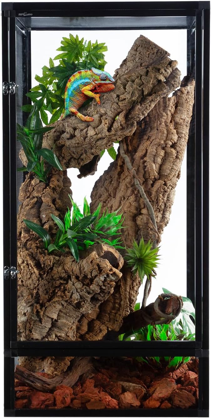REPTI ZOO 18" x 18" x 36" Front Opening Chameleon Cage with 3-Sided Metal Mesh, 50 Gallon Screen Vertical Terrarium with Background Sticker, Tall Enclosure for Chameleon, Tree Frog, Arboreal Reptiles