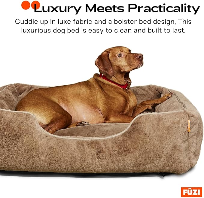FUZI Luxury Aesthetic Dog Bed for Medium Dogs with Washable Cover, Pet Couch, Pet Bed with Sides, Non-Slip Bottom, Soft and Durable Calming Dog Bed, Faux Rabbit Fur, Medium 31.75x23.6x9.5 Light Brown
