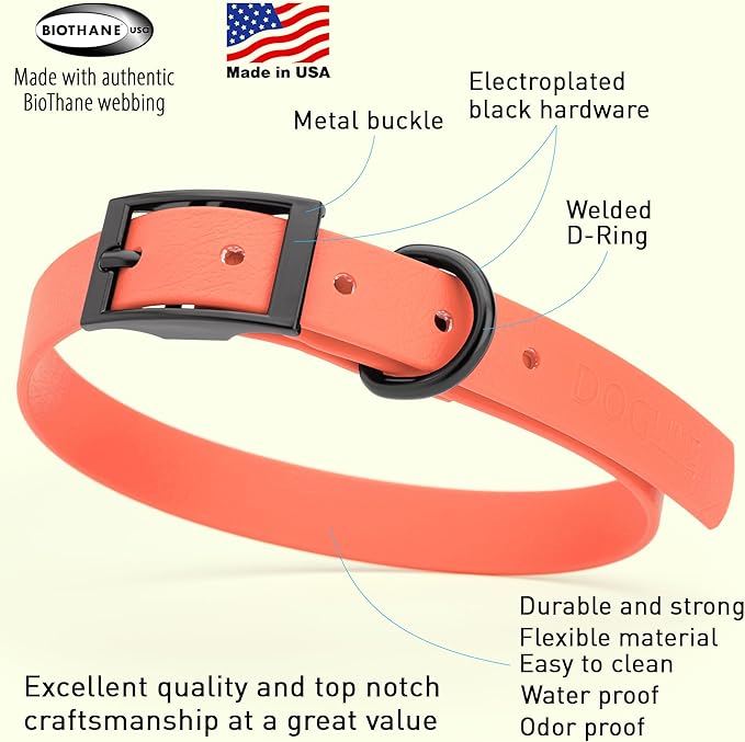 Dogline Biothane Waterproof Dog Collar Strong Coated Nylon Webbing with Black Hardware Odor- Proof for Easy Care Easy to Clean High Performance Fits Small Medium or Large Dogs, Coral