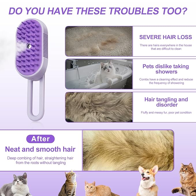 Steam Brush for Cat & Dog – 3-in-1 Spritz Pet Spray Hair Removal Comb for Grooming & Shedding Steam – Water Brush for Long & Short Haired Pets– Includes Two Bottles Waterless Shampoo