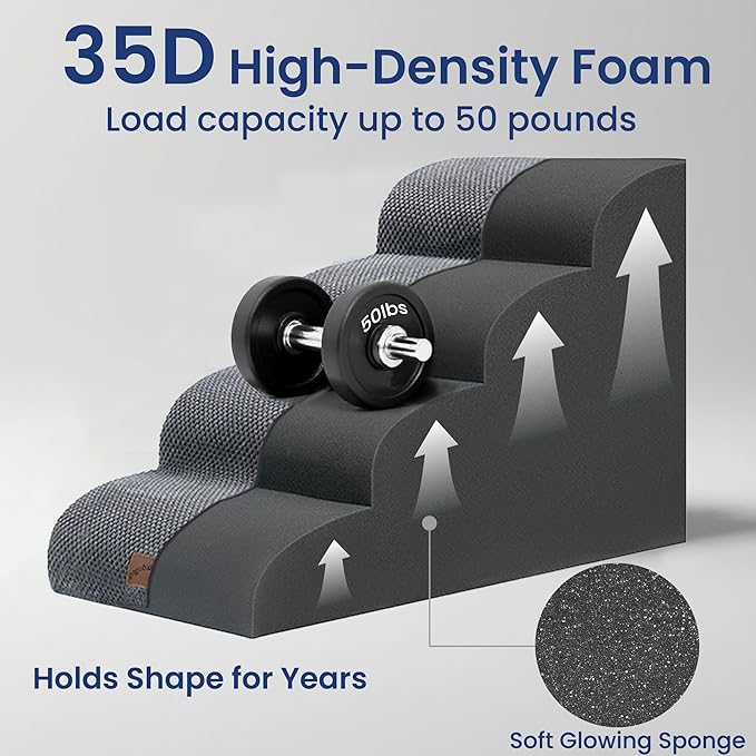 GoGoBunny Waterproof High Density Foam Curved Dog Stairs for High Beds Couches 19.7" H, 4-Step Ramp Dog Steps Friendly to Small Medium Dogs or Pets Joints, Non-Slip Balanced Durable Pet Step, Grey
