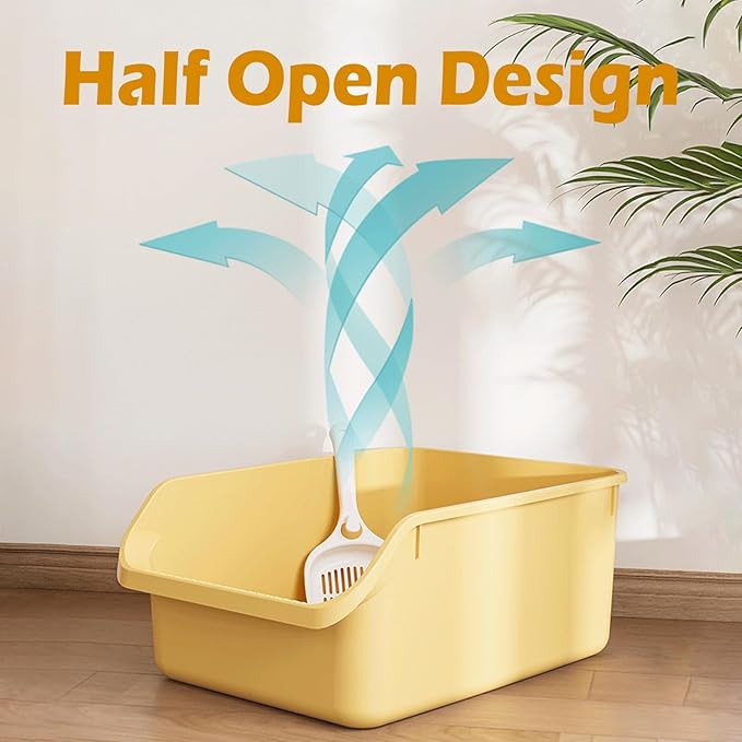 SpaceTime Large Cat Litter Box with High Sides,Cat Boxes for Indoor Cats,Cat Litter Pan for Kitty,Litter Box with Low Entry,Easy to Clean,Anti-Splashing(Cream White)