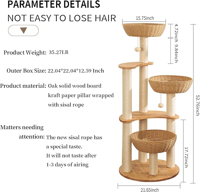 54" Modern Cat Tree Tower for Indoor Cats, Oak Cat Scratching Tree for Multiple Large Cats, Manual Hand Woven Luxury Cat Condo, Unique High-end Design Cat Furniture Activity Centre, Easy Clean