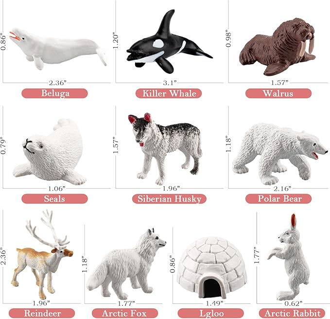 10 PCS Arctic Animals Figures, Polar Animals Figurines for Diorama School Project, Arctic Tundra Animal Toys Set with Polar Bear Deer Arcitc Fox Wolf