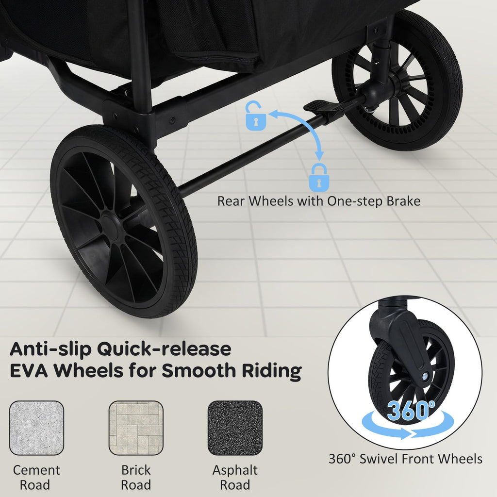 BABY JOY Wagon Stroller for 4 Kids, Foldable Stroller Wagon with Removable Canopy, Adjustable Handle, Snack Tray, Parent Organizer, 5-Point Safety Harness, Convertible Diaper Bag/Changing Pad (Black)