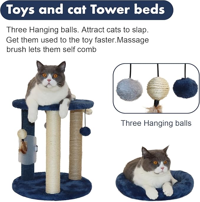 MECOOL Cat Scratching Post Tree with Tower Soft Bed.Natural Quality Sisal Carpet Jute Scratch Posts with Three Hanging Ball Toys and Massage Brush for Indoor Cats and Kittens Blue