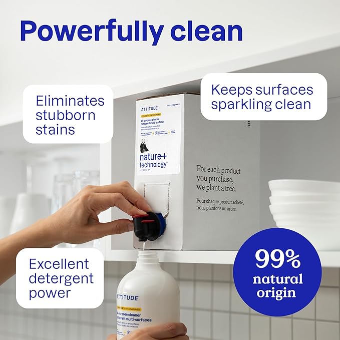 ATTITUDE All-Purpose Cleaner Refill, EWG Verified, Plant-Based & Vegan, Multi-Surface Cleaning Spray, Citrus Zest Scent, 67.6 Fl Oz