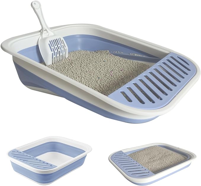 Collapsible Small Cat Litter Box,Kitten Open Potty Pan with Scoop Cat Toilet with Falling Sand Pedal Low Entrance Foldable Kittens Travel Litter Box Blue