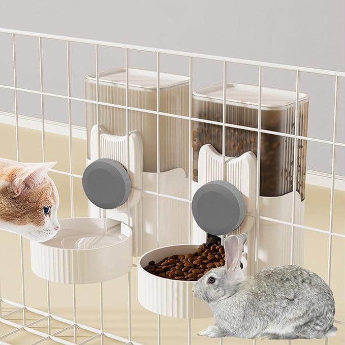 kathson Rabbit Gravity Auto Feeder Set 35oz Hanging Automatic Food Water Dispenser Cage Automatic Feeder Set for Rabbit Chinchilla Guinea Pig Hedgehog Ferret Kitty Puppy (Grey)