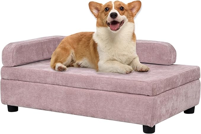 AFBKSS&BB Pet Sofa with Hidden Storage for Puppy and Cat,Linen Fabric Dog Sofa,Cat Couch with Wooden Frame (Pink)