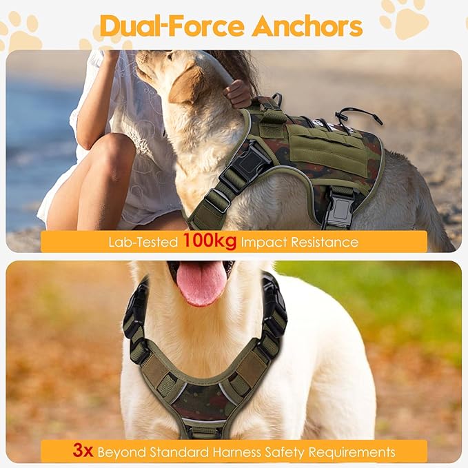 Heavy-Duty Tactical Dog Harness for Large Dogs, No Pull Adjustable Reflective Pet Vest with Molle System, K9 Military-Grade Control for Service Training, Outdoor & 10+ Breeds, Green Camo, Large