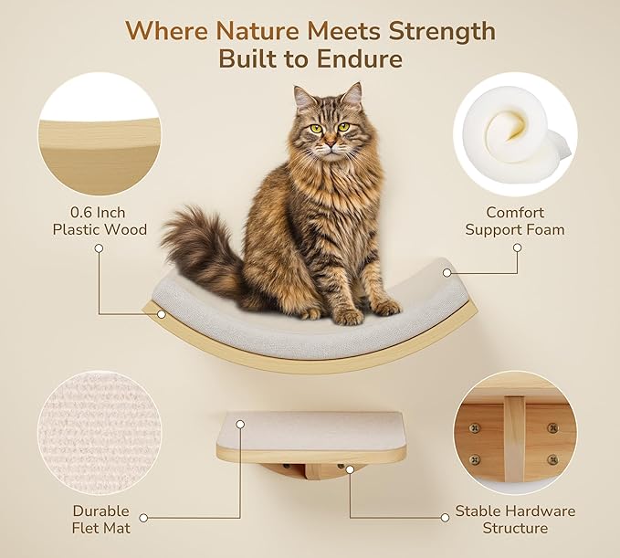 Cat Wall Shelf & Window Perch Combo, Wood Cats Wall Furniture with Soft Foam Curved Bed and Felt-Padded Steps, 4-Piece Floating Cat Climbing System