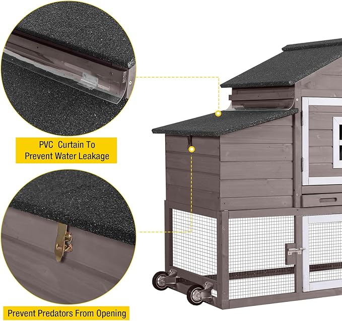 Aivituvin Chicken Coop Outdoor with Wheels, Mobile Hen House Wooden Poultry Cage with Run & Waterproof Roof (Grey with White)