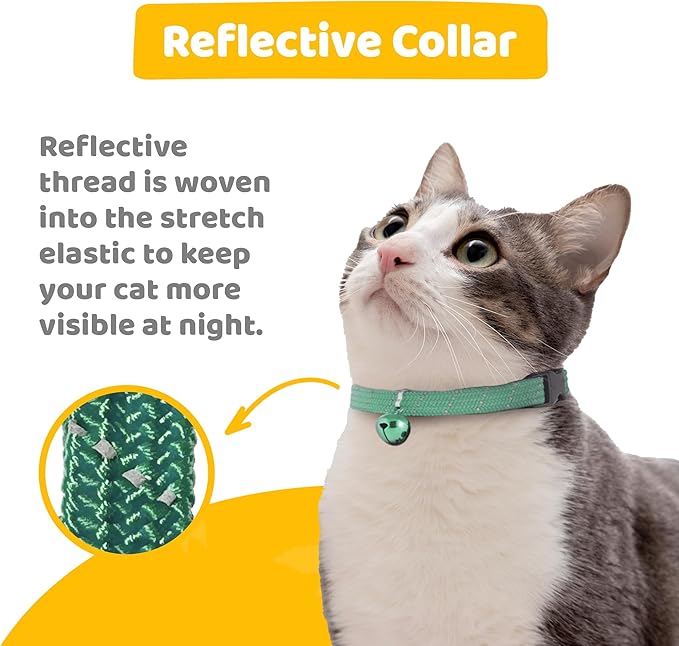 BirdsBeSafe® Break Away Cat Collar with Bell, Reflective Thread for Night Visibility, Comfortable Elastic Stretch Cat Collar to Protect Cat from Getting Stuck in The Garden.