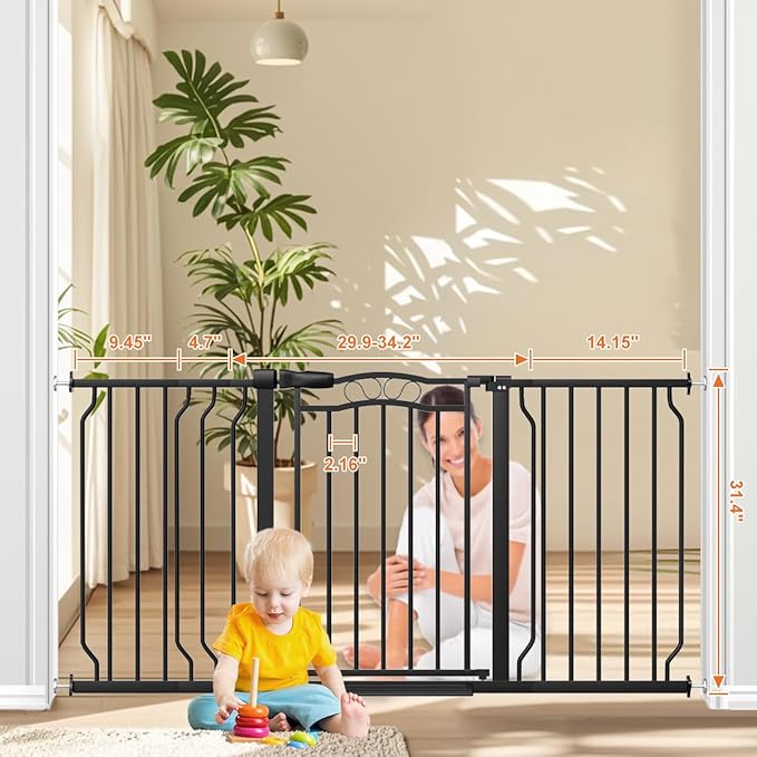 53.1-62.2" Extra Wide Baby Gate for Stairs No Drilling, 30" Tall Auto Close Press Mounted Baby Gate for Doorways, Adjustable Width Walk Through Dog Gates for Doorways, Black