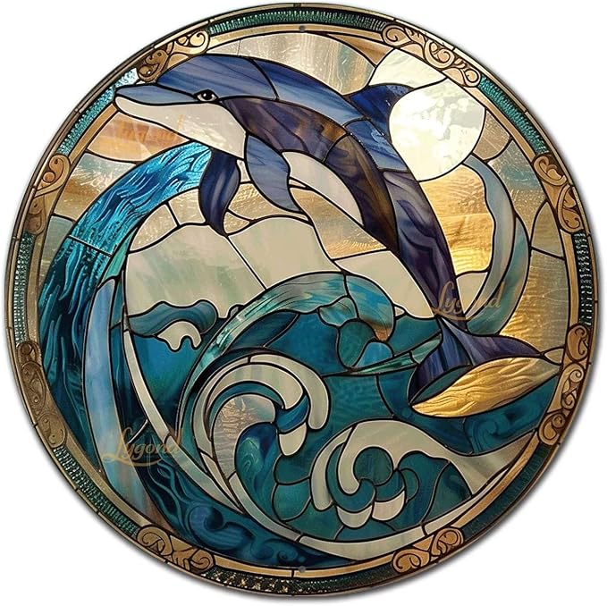 Lygond Metal Sign Tin Sign Circular Stained Glass Dolphin Wall Art for Restaurant 8×8 Inches