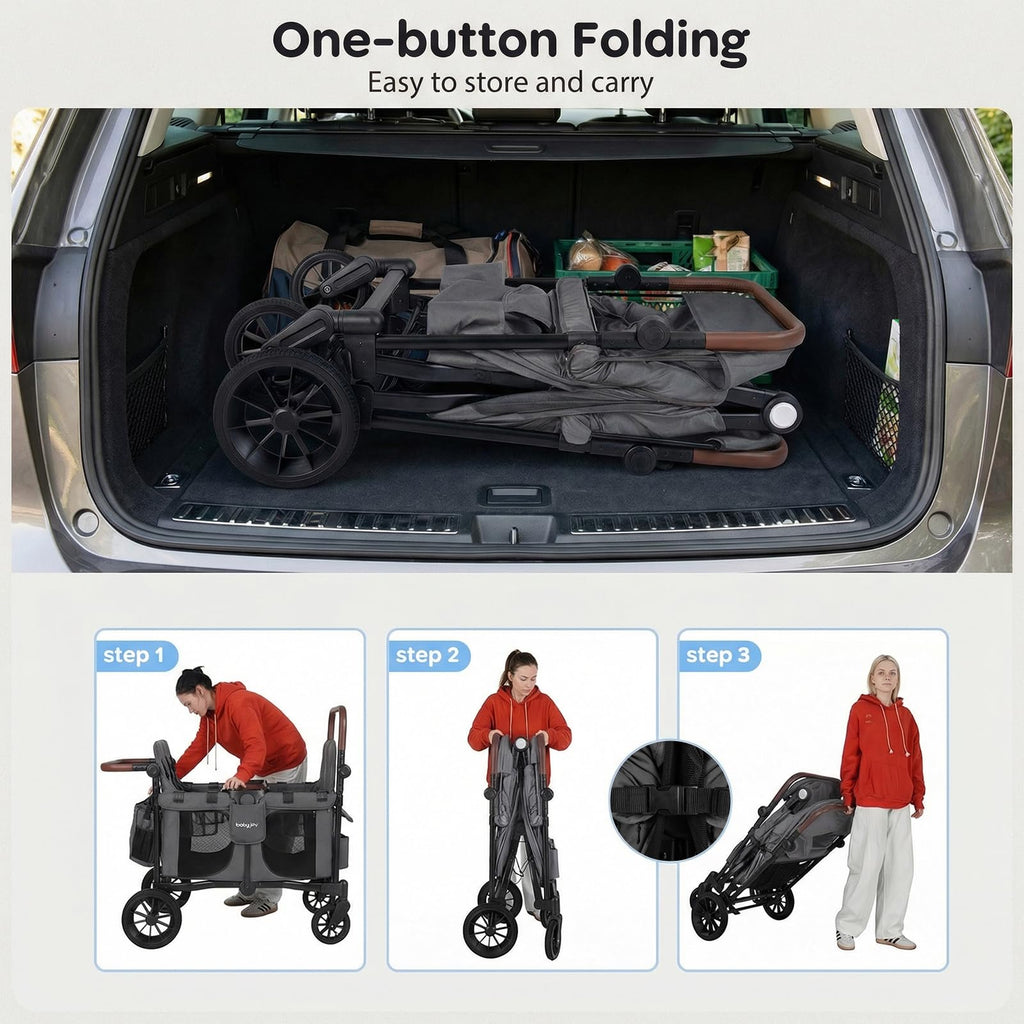BABY JOY Wagon Stroller for 4 Kids, Foldable Stroller Wagon with Removable Canopy, Adjustable Handle, Snack Tray, Parent Organizer, 5-Point Safety Harness, Convertible Diaper Bag/Changing Pad (Black)