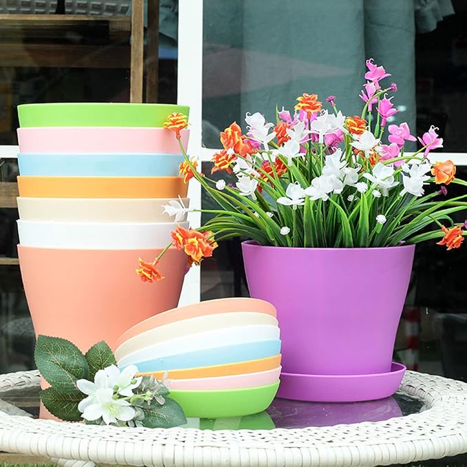 10 Pack 4 Inch Plant Pots Bulk Small Plastic Planters Pots with Drainage Holes Flower Pot for Succulent, Cactus, Herb, African Violet (10pcs-Multicolor, 4Inches)