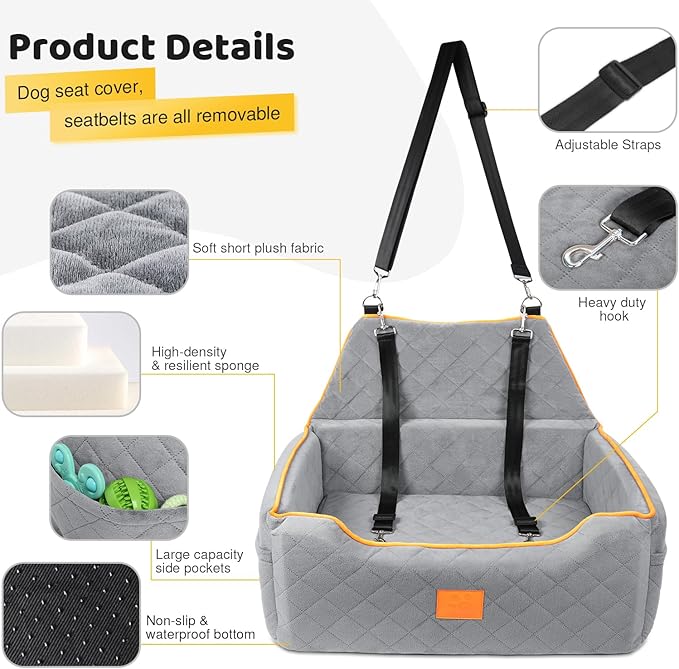Dog Car Seat for Large/Medium Dog, Booster Seat for Dogs Under 55Lbs or 2 Small Puppy, Detachable and Washable Travel Pet Bed with Thick Cushion and Storage Pockets (Gray)
