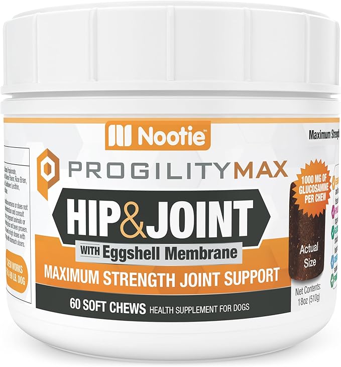 Nootie ProgilityMAX Hip & Joint Supplement for Large Dogs, Maximum Strength Dog Joint Support with Eggshell Membrane, Glucosamine and Chondroitin, 60 Count