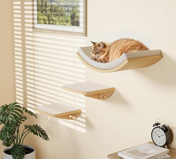 Cat Wall Shelf & Window Perch Combo, Wood Cats Wall Furniture with Soft Foam Curved Bed and Felt-Padded Steps, 4-Piece Floating Cat Climbing System