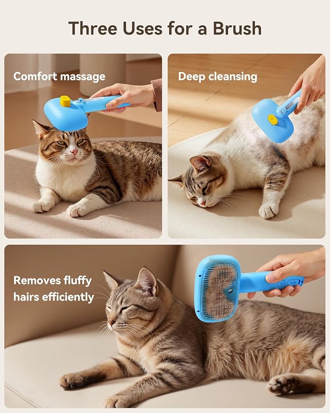 ROJECO 3-in-1 Pet Steam Brush for Cats&Dogs - Detangling Comb with Adjustable Mist, Handheld Deshedding Grooming Tool for Long/Short Hair, Massage Brush & Shedding Control Gift,Cordless (Blue)
